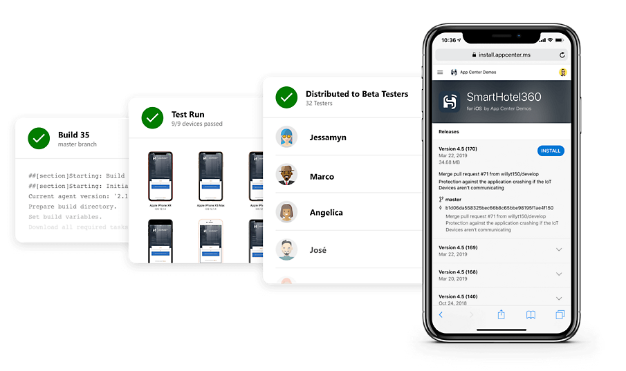 Demo AppCenter untuk aplikasi Smart Hotel yang didistribusikan ke pengguna dan uji coba.