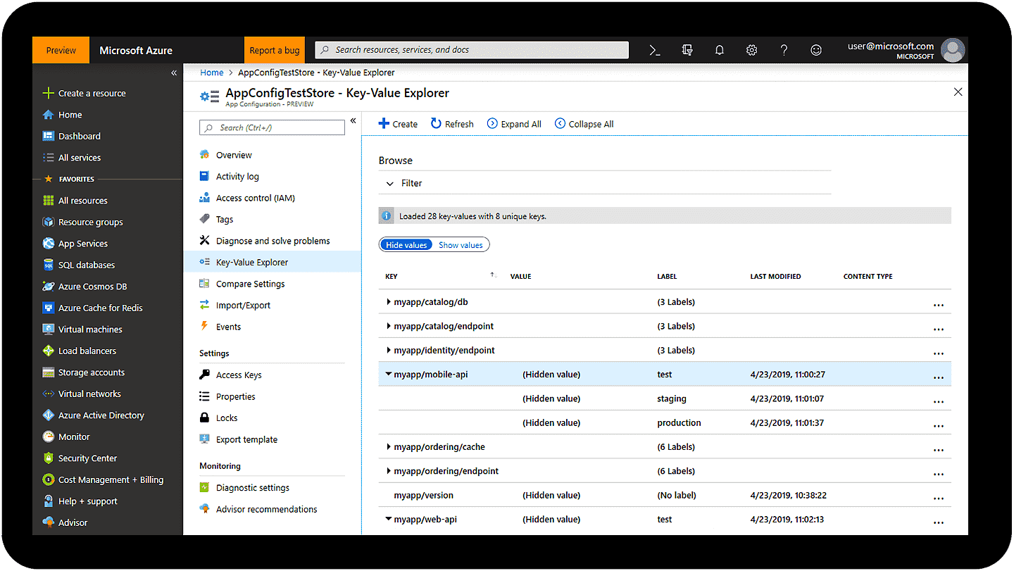 A user browsing a key-value explorer with Azure App Configuration.