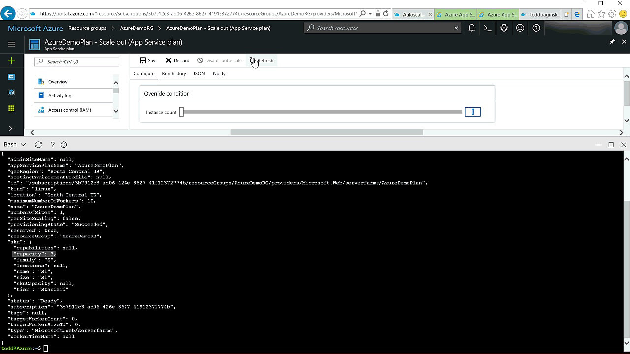 Uma página Web de conta do Azure e terminal