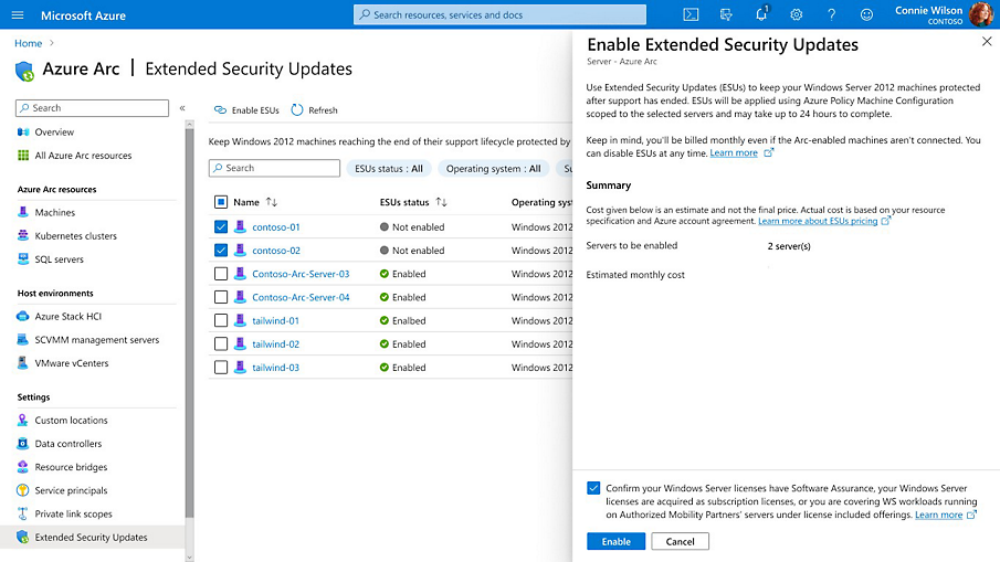 Dialog box opened to enable extended security updates in Azure Arc