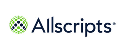 Logo d'Allscripts avec un motif de points verts et bleus stylisé sur la gauche.