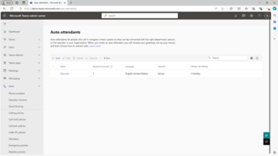 Screenshot of Microsoft Teams admin center showing one auto attendant entry. Details include name, resource account