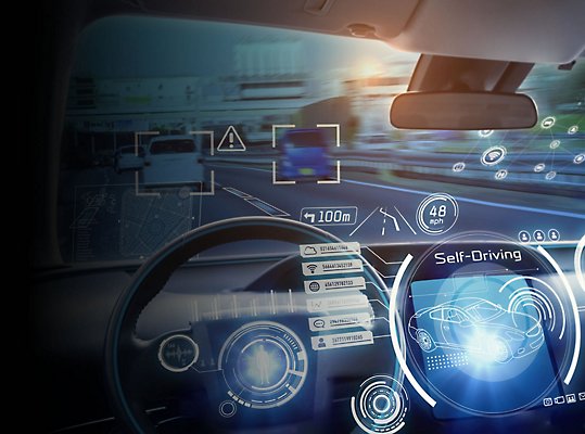 The inside of a car with AR projections showing different features in the car.