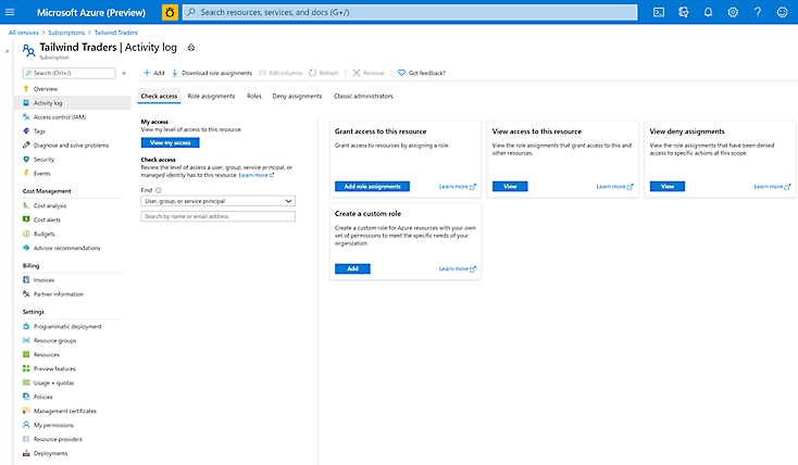 Azure のサブスクリプションのアクティビティ ログでアクセスを確認しているユーザー。