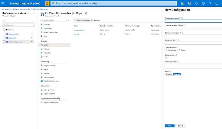 A new configuration being created in GitOps in Azure.