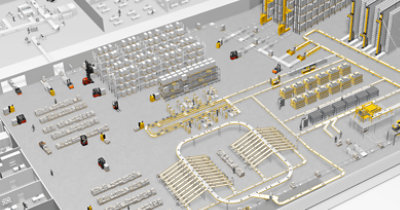 A rendering of a Dematic warehouse