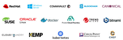 Logotipos de parceiros como Red Hat, Windows Server, Commvault, Blockchain, Canonical e muito mais