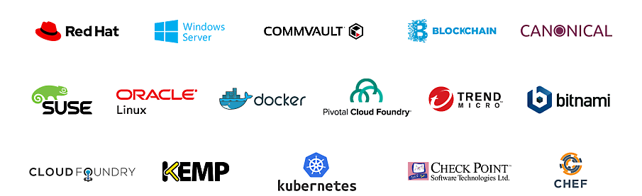 Logos of partners such as Red Hat, Windows Server, Commvault, Blockchain, Canonical and more