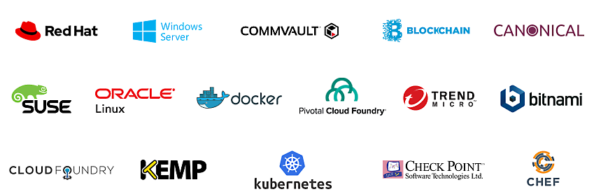 Logos de partenaires tels que Red Hat, Windows Server, Commvault, Blockchain, Canonical et autres