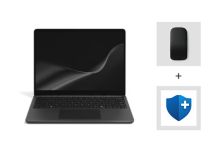 A Surface Laptop, 13-inch (2nd Edition) with Snapdragon® processors in Black with a Surface Arc Mouse in Black and Microsoft Complete. 
