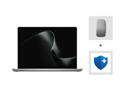 Surface Laptop Ultra with NVIDIA RTX Spark processors in Platinum with Surface Arc Mouse in Light Gray and Microsoft Complete.
