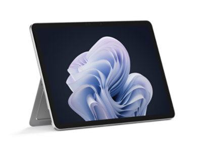 An angled view of a Surface Pro for Business, 12-inch | Snapdragon shows the kickstand engaged.