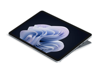 An angled view of a Surface Pro for Business, 12-inch | Snapdragon shows the kickstand slightly engaged. 