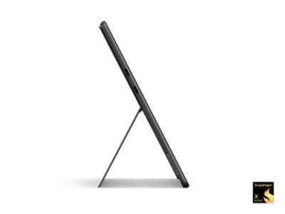 A side view showing the slim design of a Surface Pro in the color Black.