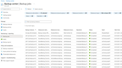 A list of backup jobs in Backup center