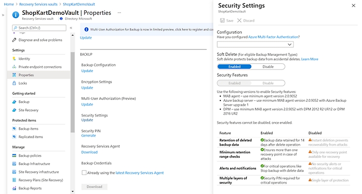 Definições de segurança e propriedades no Azure Backup