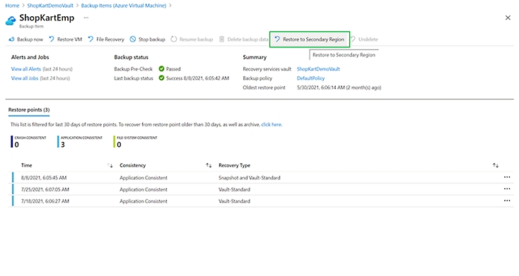 A backup item in Azure Backup with the Restore to Secondary Region button being highlighted 