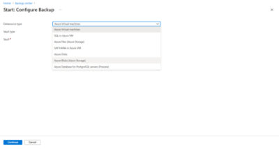 A configure backup being started and a dropdown showing options for Azure Virtual Machines, SQL in Azure VM and more. 