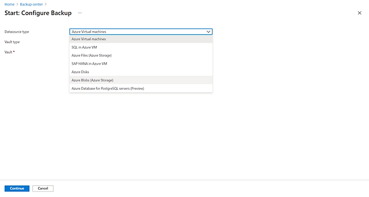 A configure backup being started and a dropdown showing options for Azure Virtual Machines, SQL in Azure VM and more. 