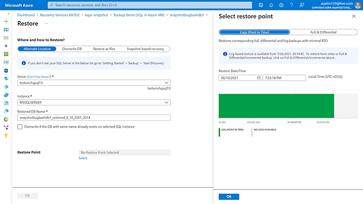 A restore point being selected in Azure Backup