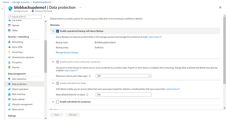 Azure Backup의 데이터 보호 옵션