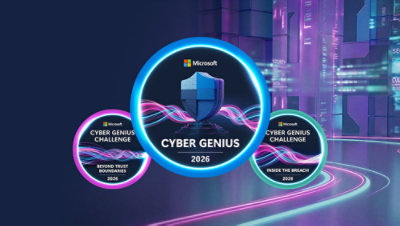 Three Microsoft badges read “Cyber Genius 2026,” “Cyber Genius Challenge—Beyond Trust Boundaries—2026,” and “Cyber Genius Challenge—Inside the Breach—2026.” Background labels include “Security” and “Data.”