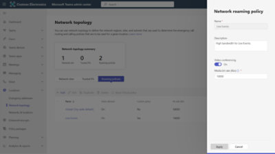 Screenshot of a network roaming policy setup page, showing settings for name, description, video conferencing interface.