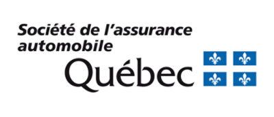 A close-up of the Société de l'assurance automobile Québec logo with black text on a white background and a blue and white flag.