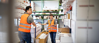 A man and woman in orange vests in a warehouse.