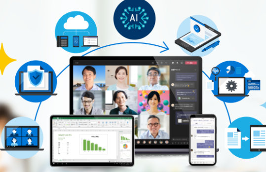 Microsoft Teams の Web 会議が表示されたノート PC・チャット画面が表示されたスマートフォン・Excel の表とグラフが表示されたタブレットと Microsoft 365 の各種機能を表したアイコン
