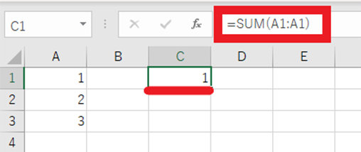 以下の例では引数に A1 を範囲として指定しています。この場合は、A1 の値と A1 の値の足し算で 2 となるのではなく、A1 の値を指定しただけの 1 が表示されます。