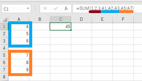 SUM 関数の引数の値に数値、セル参照、セルの範囲を指定した例