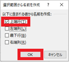 「選択範囲から名前を作成」ダイアログ
