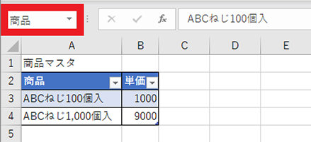 選択した範囲に設定された名前が表示された名前ボックス