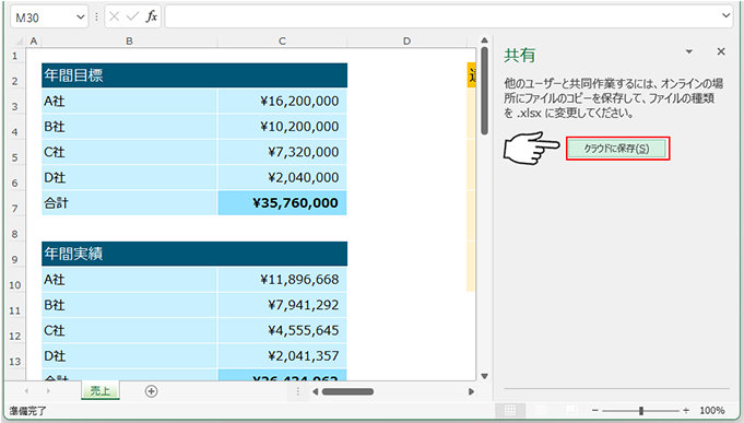 Excel のリボン右上の「共有」ボタンを押した後の表示