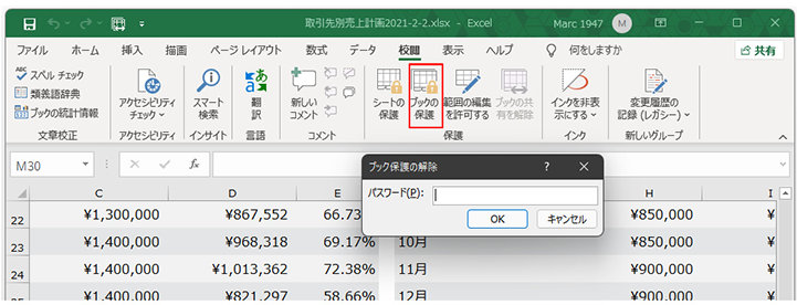 校閲タブの「ブックの保護」ボタンを押すと表示されるパスワード入力