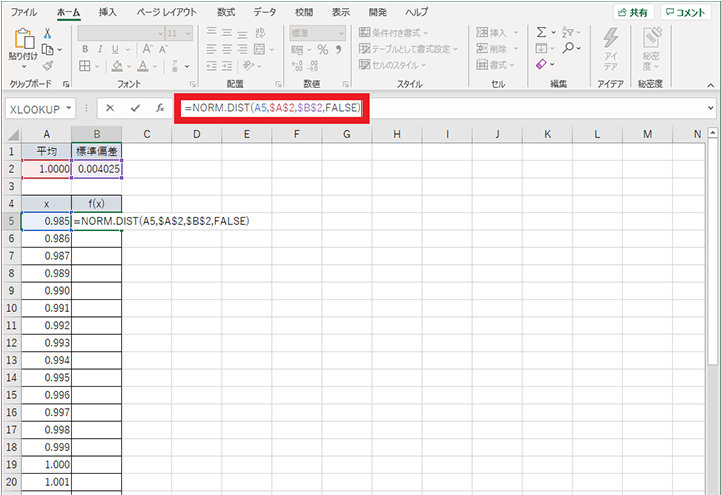 正規分布曲線の作成 - f(x) の列に正規分布の値を求めるための数式「=NORM.DIST()」を入力
