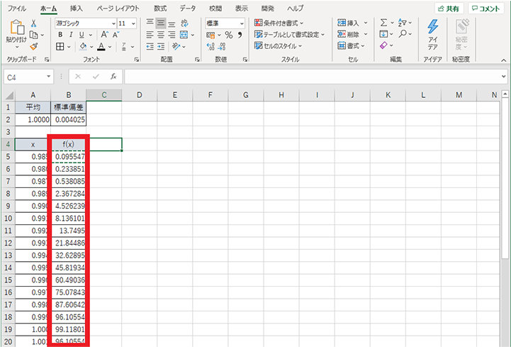 正規分布曲線の作成 - f(x) の列に数式をコピー & ペースト