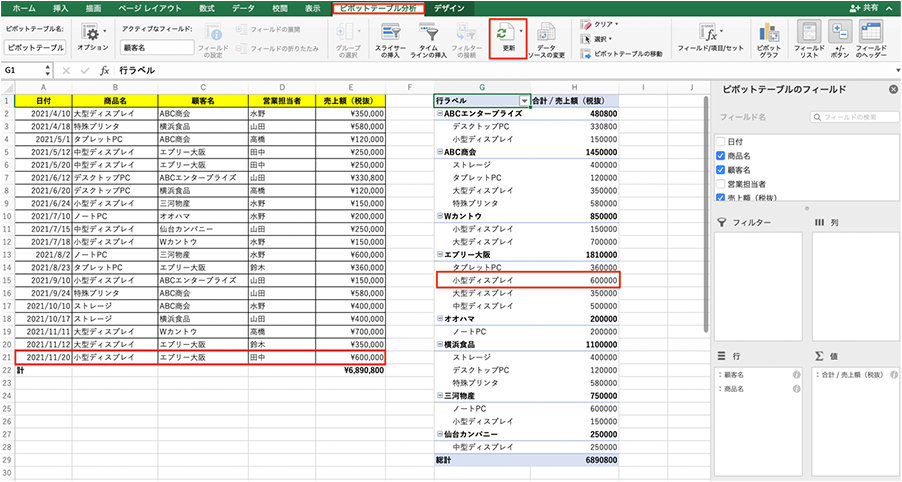 ピボットテーブルの更新