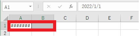Excel セル A1 には「#####」と表示され、B1 は空白で、数式バーには日付「2022/1/1」が表示されます。