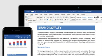 Mobile and desktop displays of a document on brand loyalty in Word