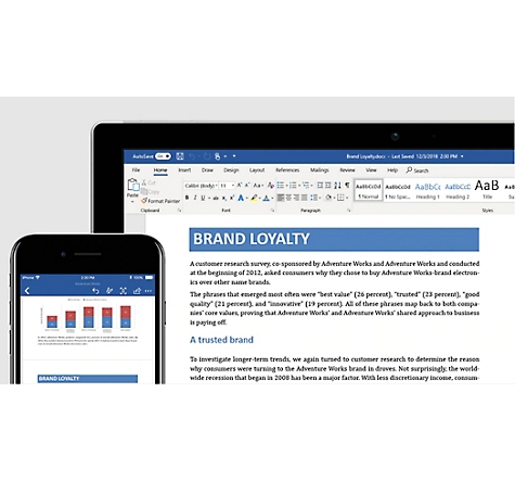 Exibições em dispositivo móvel e desktop de um documento sobre fidelidade à marca no Word