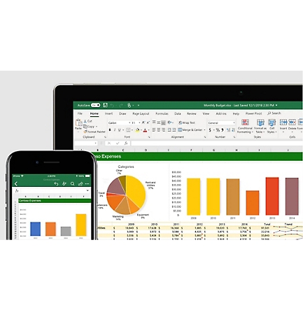 Exibições em dispositivo móvel e desktop de uma planilha de despesas no Excel