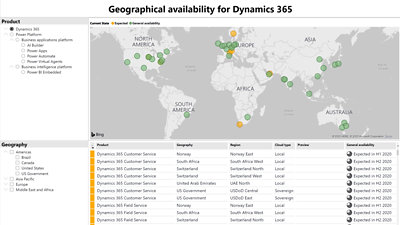 Geographical availability for Dynamics 365 across North America, Europe, Asia, Africa, South America, Australia
