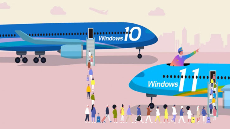 乗客が Windows 10 が書かれた旅客機を降りて Windows 11 が書かれた旅客機へ乗り込んでいる様子のイラスト