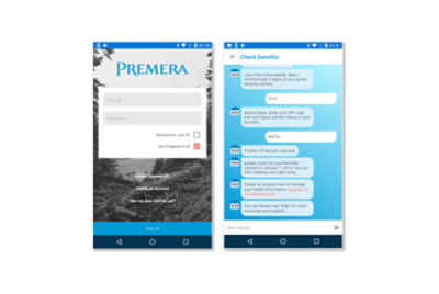 Zwei mobile Bildschirme einer Premera-App und eines Benutzers, die ihre Vorteile mit einem Chatbot überprüfen 