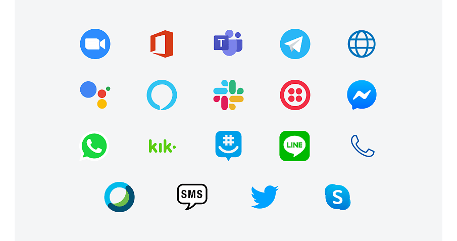 Logo perusahaan yang menggunakan bot obrolan seperti Kik, GroupMe, Slack, Teams, Twitter, dan lainnya.
