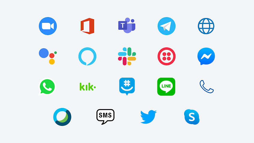 Logotipos de empresas que usam chatbots como Kik, GroupMe, Slack, Teams, Twitter e outras.