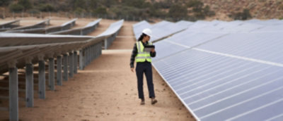 Field engineer inspecting rows of solar panels at a wind farm.