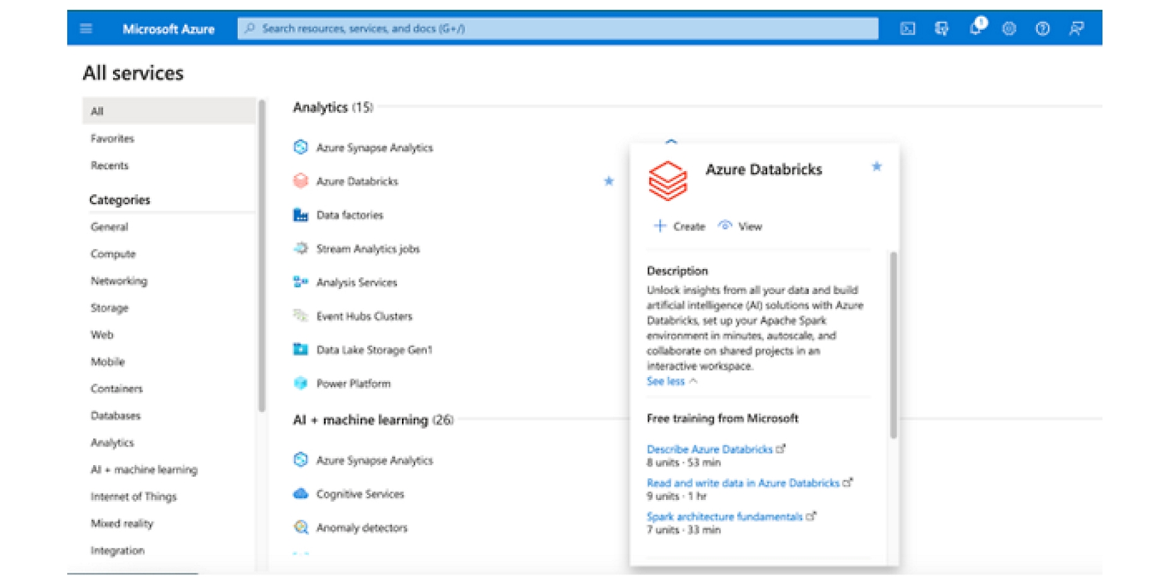 Analytics services in Azure with a pop up of a description of Azure Databricks
